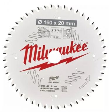 Пильный диск MILWAUKEE для циркулярной пилы по дереву 160x20x2,2x48 4932471291 ― MILWAUKEE