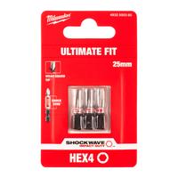 Бита ударная Shockwave Hex MILWAUKEE S/Bit ShW HEX4 25mm - 3 pc 4932500380